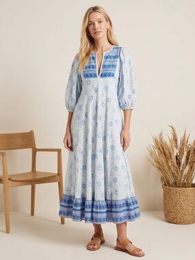 KARNI Boho Midi Dress in Light Blue Floral Print Sz S